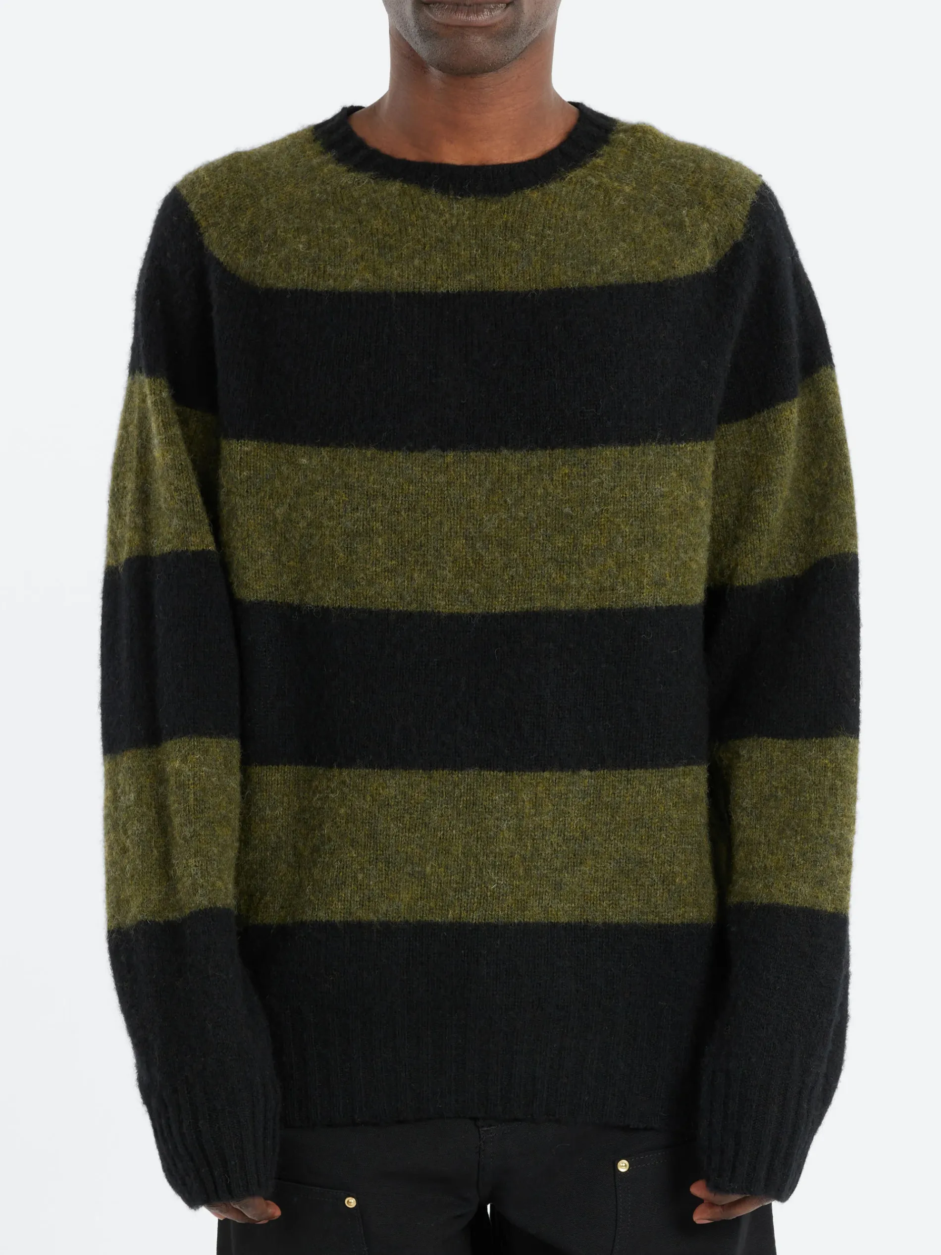 YMC - Suedehead Stripe Sweater in Black and Green