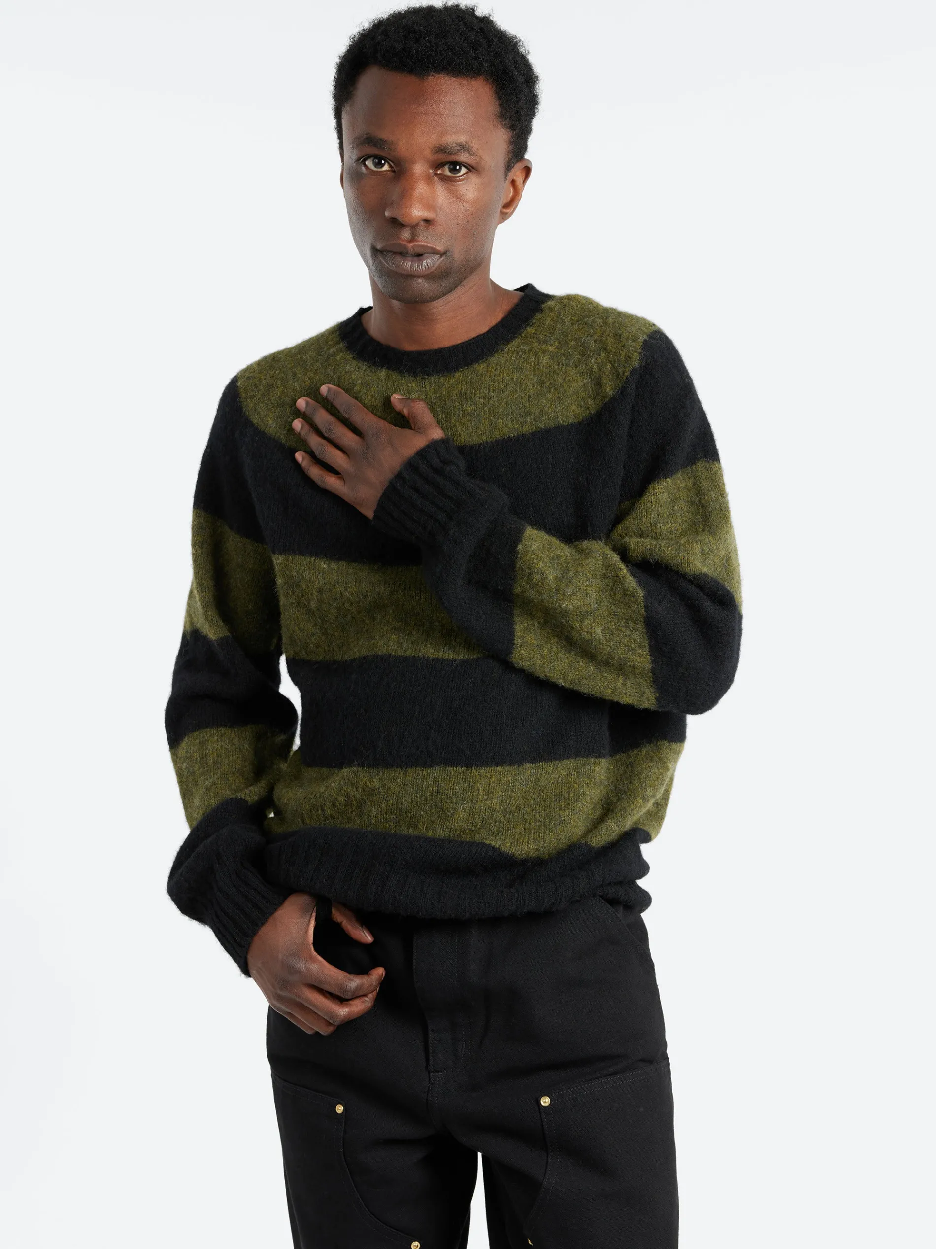 YMC - Suedehead Stripe Sweater in Black and Green